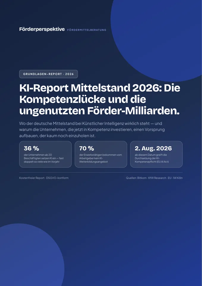 Titelseite: KI-Report Mittelstand 2026: Die Kompetenzlücke und die ungenutzten Förder-Milliarden